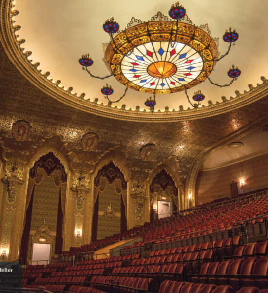 Grand scale custom theater chandelier at The Stanley Theater