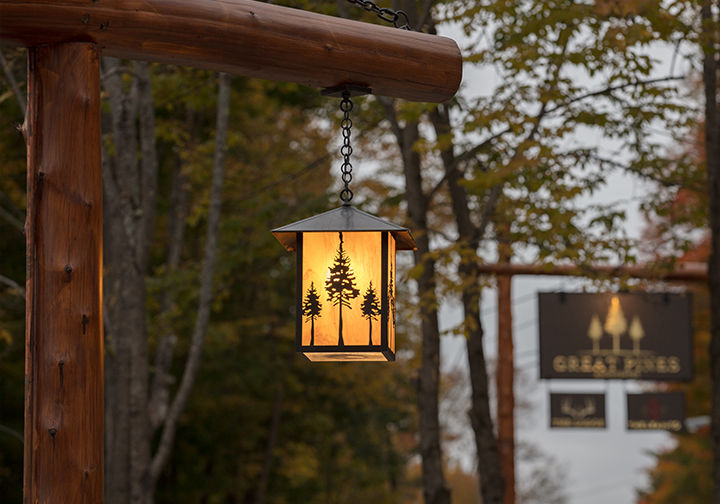 Great Pines custom outdoor pendant installed at a resort in Old Forge, NY
