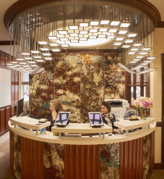 Custom cascading art glass ceiling fixture Park Avenue NYC