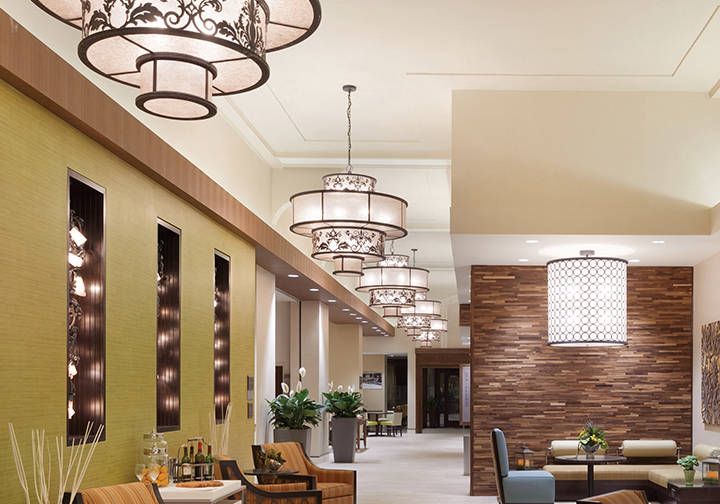 Clarabella custom pendants installed at Hilton Garden Inn, Rochester, NY