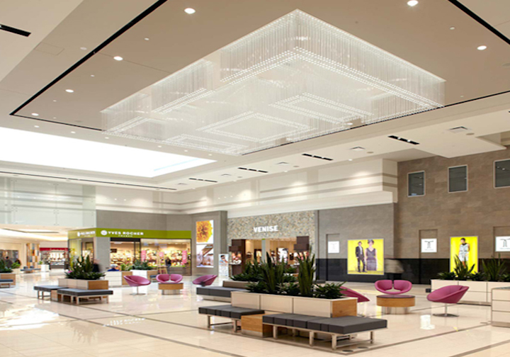 Custom Idalight oblong ceiling fixture at Mall Champlain, Brossard, Quebec